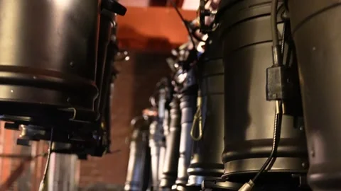 Row of stage lights in theater backstage Stock Footage 304800350
