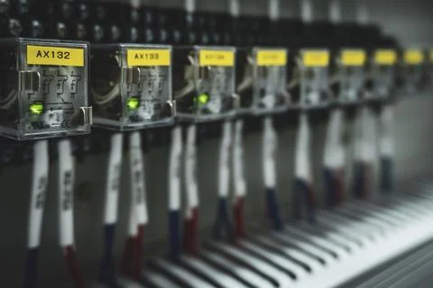 Row of switches with yellow labels on them 스톡 사진