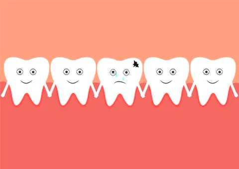 A row of teeth, one of which has caries Stock Illustration