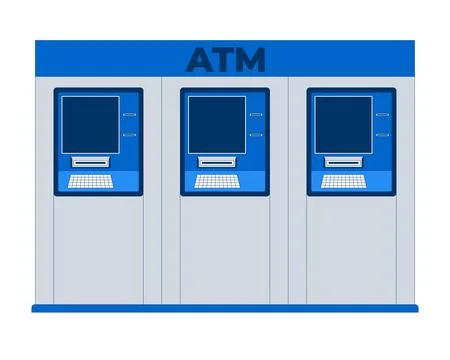 Row of three ATM machines for public banking 2D cartoon object Stock Illustration