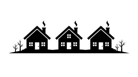 Row of three black house silhouettes with smoking chimneys Stock Illustration