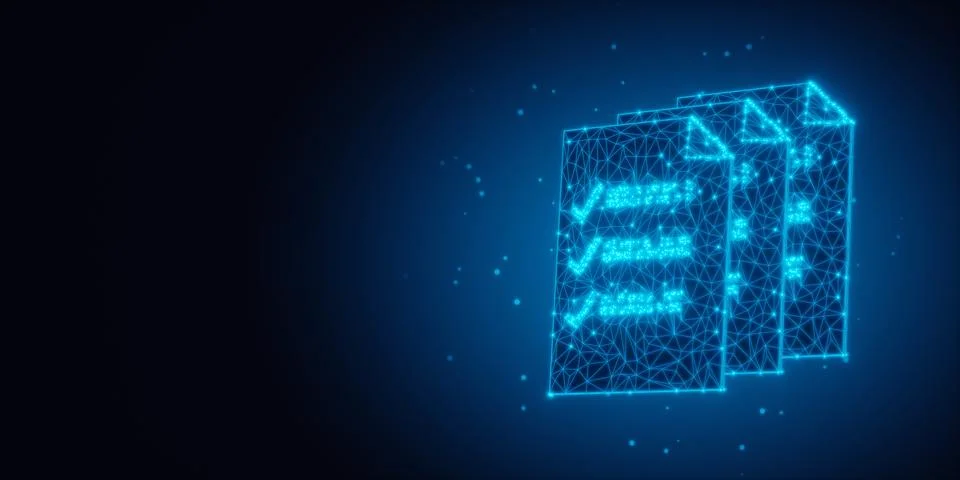 Row of three blue glowing wireframe low-poly digital documents stacked on d.. Stock Illustration