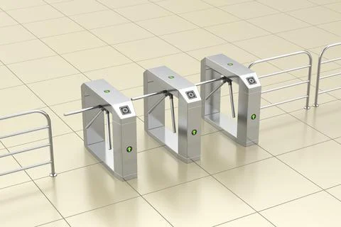 Row of three electronic turnstiles on tiled floor Stock Illustration