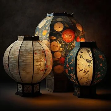 Row of three lanterns with dim light standing on stone floor Illustrazione stock