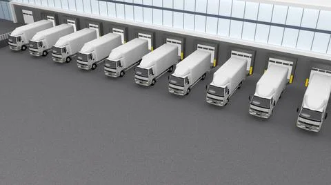 Row of trucks at the warehouse unloading wall Illustrazione stock