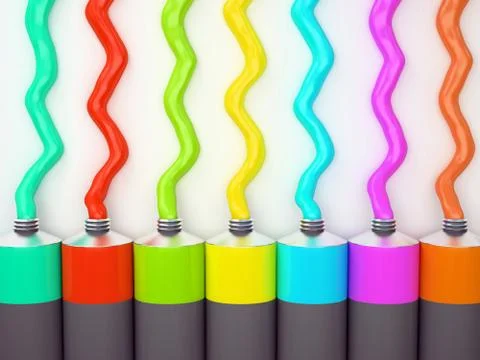 Row of tubes with multicolored paint on white background Stock Illustration