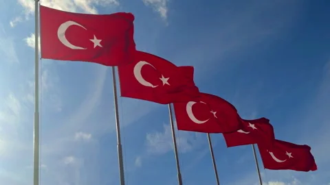 Row of Turkish Flags Waving Against a Clear Blue Sky Stock Footage 329402355