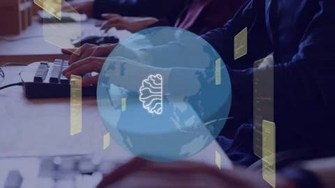 Row typists typing keyboards in tech office, initiating globe panels morphing Stock Footage 334788764