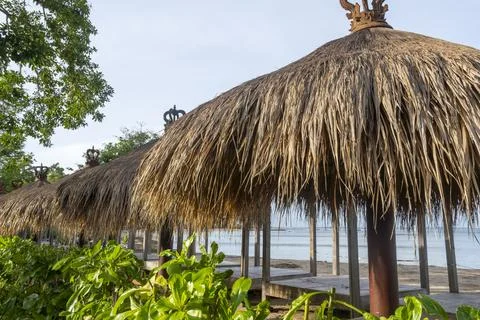 Row of umbrellas with a beach in the background Stock Photos