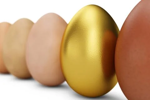 Row of various eggs. In focus a gold egg. Unique egg. Happy easter, 3d Stock Illustration