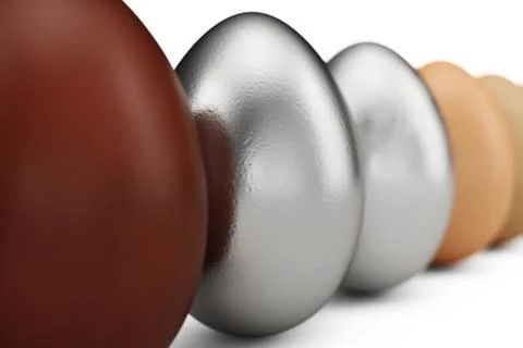 Row of various eggs. In focus a silver egg or white matte gold. Unique egg イラスト素材