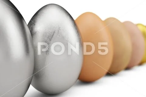 Row of various eggs. In focus a silver egg or white matte gold. Unique egg Stock Illustration