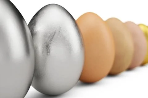 Row of various eggs. In focus a silver egg or white matte gold. Unique egg Illustrazione stock