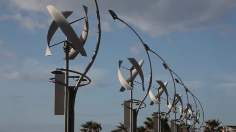 Row of vertical axis wind turbines Stock Footage 27136279