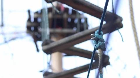A row of vertically hanging strong ropes with securely tied knots Video stock 331501984