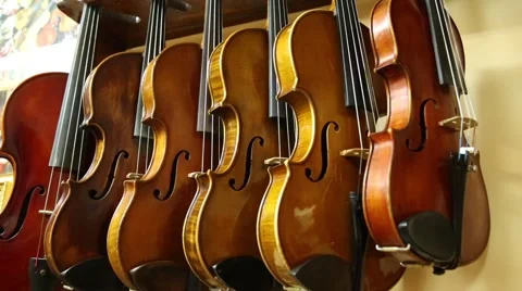 Row of violins hanging from shelf Stock Footage 47747610
