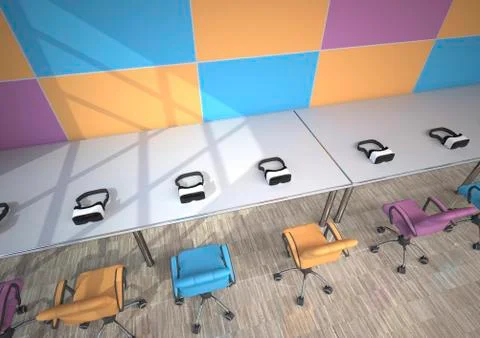 Row of Virtual Reality Glasses in a modern presentation room, 3D Rendering Illustrazione stock