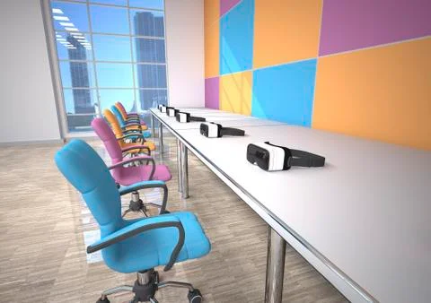 Row of Virtual Reality Glasses in a presentation room 스톡 일러스트