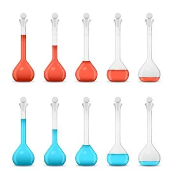 Row of volumetric flasks with volume reduction of color solution Ilustración de archivo