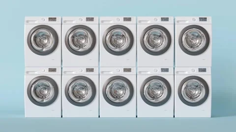 Row of washing machines, public laundry concept. Blue background. Stock Footage 291623732