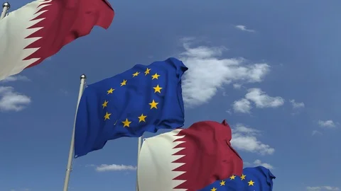 Row of waving flags of Qatar and the European Union EU, loopable 3D animation Stock Footage 110794644