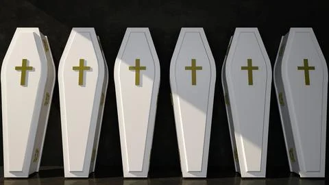 Row of white coffins stand Stock Illustration