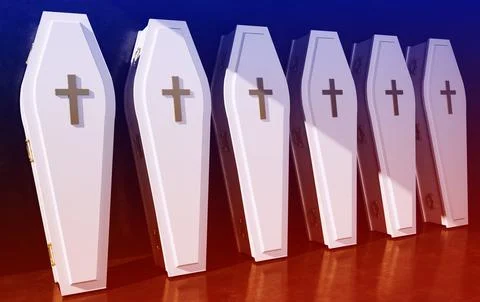 Row of white coffins stand Stock Illustration