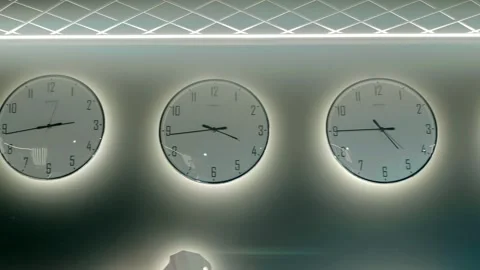 A row of white round clocks on the wall showing the time in different time zones Stock Footage 323856711