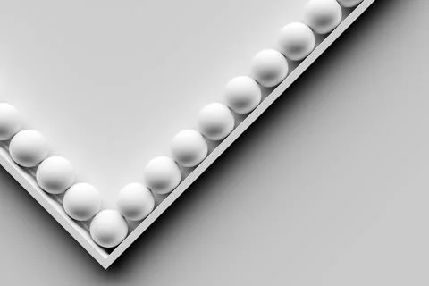A row of white spheres, balls. 3d illustration of objects on an even row on a Ilustração Stock