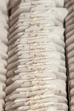 Row of white tea bags with strings and tags in a box Stock Photos