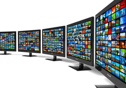 Row of widescreen HD displays with multiple images Stock Illustration