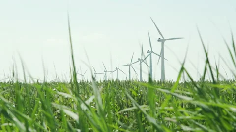 A row of wind turbines behing waving green grass Stock Footage