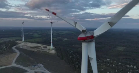 Row of wind turbines, close up view, representing, clean energy, sustainable Stock Footage 311130980