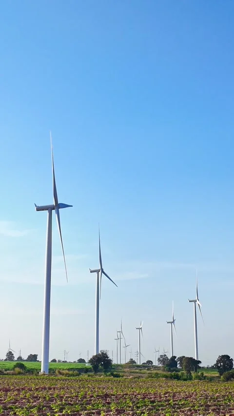 Row of wind turbines rising over a rural field beneath a clear blue sky, Video stock 330159400