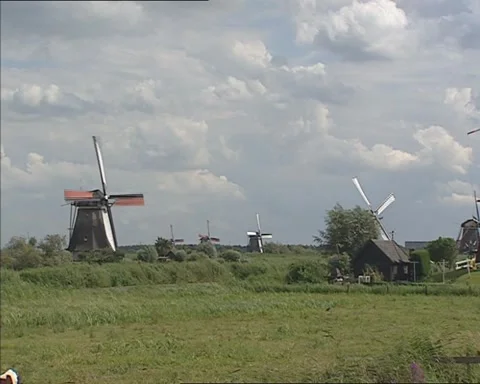 Row of windmills operating at Kinderdijk mill-network Video stock 141593921