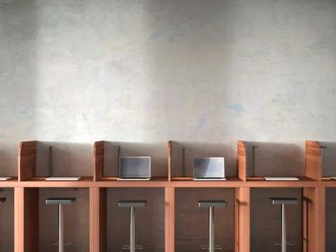 Row of work places with laptops, 3D Rendering Illustrazione stock