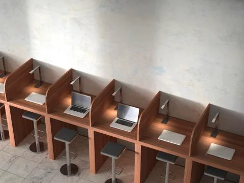 Row of work places with laptops, 3D Rendering Illustrazione stock