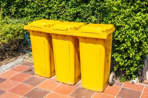 Row of yellow plastic trash bin for wate separation and recycling on green Foto stock