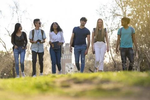 A row of young multi-ethnic students walking together in the park Stock Photos