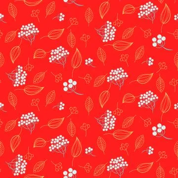 Rowan berry and leaves seamless red vector pattern Stock Illustration