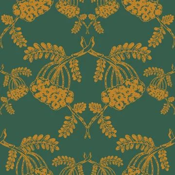 .Rowan branches, symmetrical contour composition. Vector seamless pattern Stock Illustration