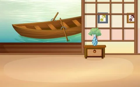 Rowboat floating outside the house Stock Illustration