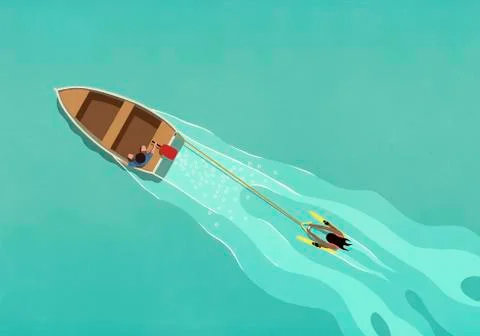 Rowboat pulling water skier Stock Illustration