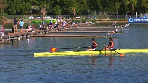 Rowers await the start at World Rowing Cup Stock Footage 336098978