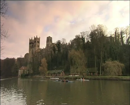 Rowers below Durham Cathedral Stock Footage 371510