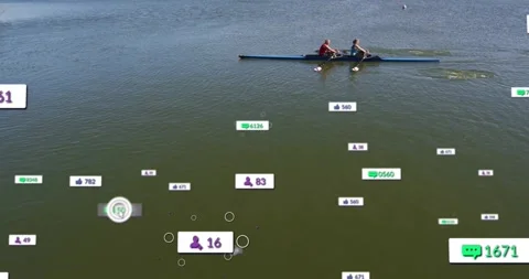 Rowers pulling synced strokes on lake, cursor hovering likes counters popping Stock Footage 330546229