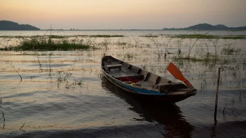 Rowing boat on the lake at sunset. Stock Footage 120326656