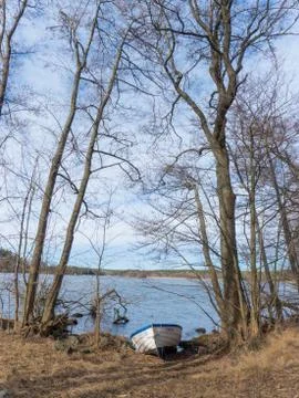 Rowing boat on shore in early spring Stock Photos