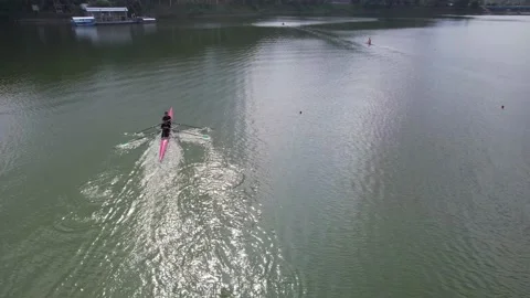 Rowing competition team training at Lake Sermo Kulon Progo Video stock 214550974