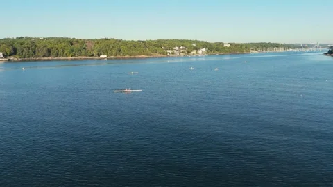 Rowing Crew Glides Over Calm Halifax Bay Morning Light, Nova Scotia Aerial View Stock Footage 317901458